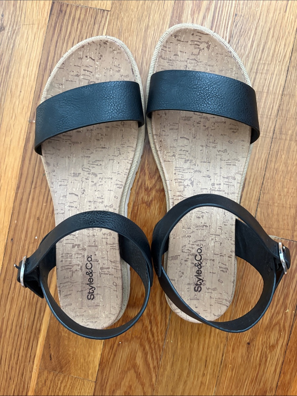 Style & Co. Black Cork-Trim Ankle Strap Sandals